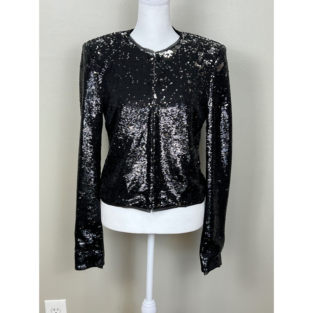 Rachel Zoe Women Dolly Black Sequin Long Sleeve Collarless Jacket Glam Holiday S